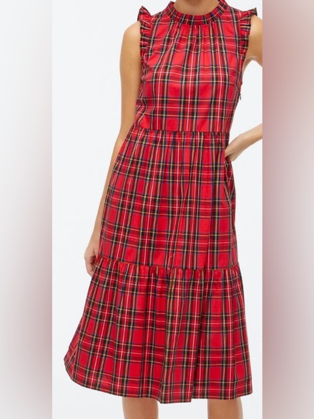 J. Crew Red Tartan Plaid Tiered Sleeveless Midi Dress, 12 Petite, NWT